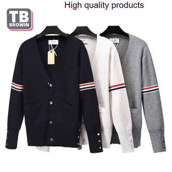 BROWIN TB води до пренебрегване том, мъжки вълнен пуловер, есен-зима, 4 ленти, маркова нов, луксозен жилетка с цветна V-образно деколте, корейски casual