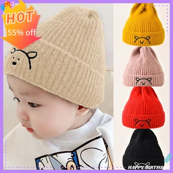 Зимна детска шапка с анимационни бродерия и мечка, топло вязаная капачка за малки момчета и момичета, вязаная на една кука, еластична шапка за детска фотография