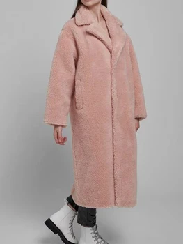 2023 Ново улично палто с дълъг ръкав, розово есен-зима-дълга козина