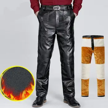 Зимни мъжки флисовые ежедневни панталони от изкуствена кожа, панталони с начесом, плътен мъжки изолирана топли панталони с висока талия, 5XL