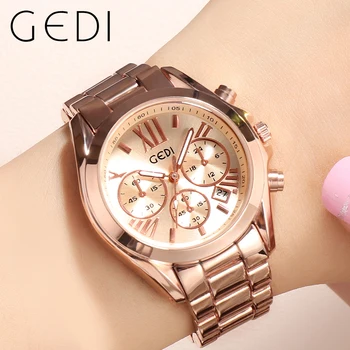 Водоустойчиви дамски часовници GEDI, оригинални луксозни дамски часовник, дамски светещи моден кварцов часовник с календар, часовник от розово злато