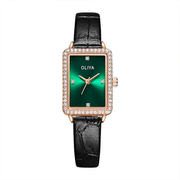 Стилни дамски квадратни часовници класически темперамент, цветни водоустойчиви кожени дамски часовник, инкрустиран с диаманти