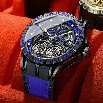 Часовници BINBOND с двойно турбийоном, мъжки модерен бизнес автоматични механични часовници, мъжки ежедневни кожа водоустойчив часовник с виртуален скелет