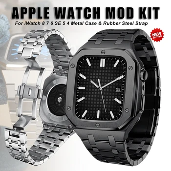 Луксозен комплект модификация на Apple Watch Series 8 7 45 mm 6 5 4 SE 44 мм Метална стоманена каишка За iWatch Refit министерството на отбраната kit Bezel Калъф Каишка