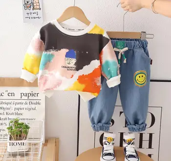 Есента модерен комплект детски блузи с кръгло деколте и дълги ръкави модел от карикатура, ризи и панталони от 2 теми, дрехи за деца, детски дрехи за момчета