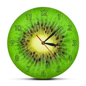 Летните зелени стенни часовници с плодов дизайн Киви, прясно парче киви, кръгли часовници с плодове actinidia, стенен интериор за кухня, часовници