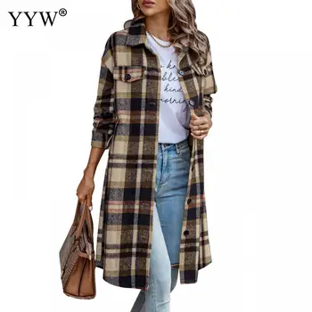 Винтажное женски есен вълна палто в клетка с дълъг ръкав, топло-дълга вълна палто, однобортный тренч, модерни дрехи за офиса, новост
