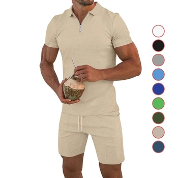 Мъжки костюми, панталони с къс ръкав, всекидневни комплект, лятна вафельная однотонная ежедневни свободна тениска-поло, мъжки комплект