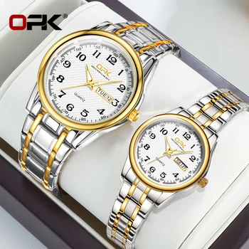 Кварцов сдвоени часове OPK 8110, водоустойчив светещи каишка от неръждаема стомана, ръчни часовници, календар, са оригинални часовници за мъже и жени