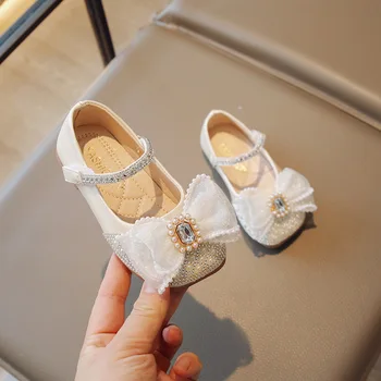 Обувки принцеси за момичета 2023, кожени сандали с кристали и бантиком, модерни обувки за деца, Sandalia Infantil Menina