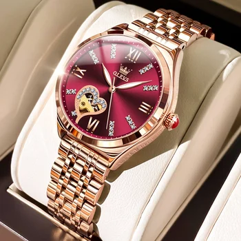 OLEVS Автоматични механични дамски часовници Елегантно диаманти Стоманена лента Love Skeleton Водоустойчиви часовници от най-добрите на марката за жени