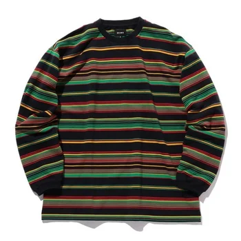 BEAMS 22AW, памучен тениска с кръгло деколте и дълъг ръкав в контрастни райета в ретро стил, мъжки ежедневни пуловер свободно, намаляване, пуловер