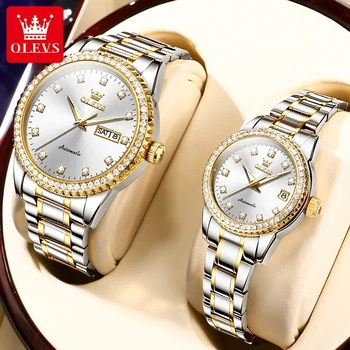 OLEVS, новата двойка, механични часовници за мъже и жени, водоустойчив седмица от неръждаема стомана, дата, луксозни автоматични ръчен часовник с диаманти