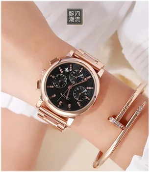 Висококачествени дамски часовници GUOU от розово злато, стомана часовник за рокли, дизайн с 3 циферблатами, аналогов японски механизъм, женски календар relogio feminino