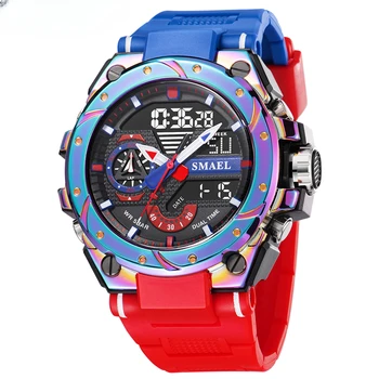 Кварцови часовници за мъже, ръчни часовници, цвят червен гривна, 50 м, водоустойчив, аларма, аналогови цифрови спорт часовници 8060