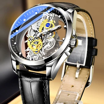 Прозрачни кварцови часовници с батерия за мъже, луксозни механични часовници с турбийоном, выдалбливают златен скелет, мъжки ръчен часовник с циферблат