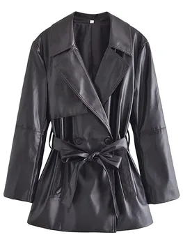Модерно яке с колан, палта за жени, връхни дрехи миди от изкуствена кожа с дълъг ръкав, новост 2023, есенна стилни ежедневни дамски яке