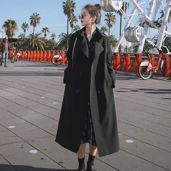 Брендовый модерен женски тренч, черно двубортный палто с колан, дълго палто-пыльник за дама, пролет-есен, дамски връхни дрехи