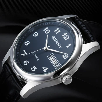 BERNY Miyota 2405 Дата на мъжкия календар 3ATM Водоустойчив класически часовници от естествена кожа бизнес ръчен часовник кварцов часовник за мъже
