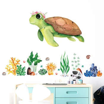 Стенни стикери в стил зелена морска костенурка в акварельном стил за детска стая, стикери за стените на детската стая, декоративни стенописи, тапети и под вода