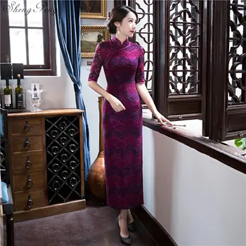 Източно китайското женствена рокля ципао чонсам, елегантна бродирани отворена туника с ръкав три четвърти, рокля ципао Q209