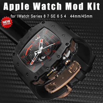 Луксозен Комплект Промяна от Въглеродни влакна за Apple Watch Band 44 мм 45 мм, Корпус от въглеродни влакна Bezel Фторопластовый Каишка Iwatch 8 7 6 SE 5 4 Mod