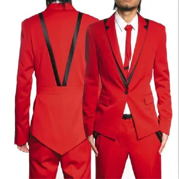 Най-новите проекти палто и панталони, Модерни Червени Смокинги за младоженеца, Приталенные Мъжки Костюми по Поръчка за Сватбена Бала (Яке + панталон + вратовръзка)