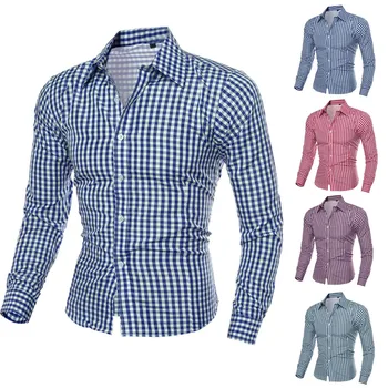 Ризи в клетка с дълъг ръкав, мъжки пролетно-есенни тънки мъжки ежедневни ризи с райе с принтом, приталенные бизнес ризи с боттоном