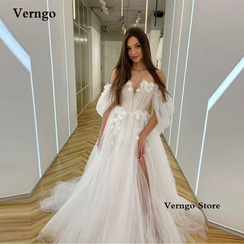 Verngo Елегантни сватбени рокли трапецовидна форма с открити рамене, тюлевые сватбени рокли с 3D цветя, с цепка отстрани, с стреловидным влак, Vestido de noiva