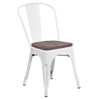 Мебели Пери Бял Метал Штабелируемый стол с Дървена Седалка