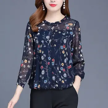 Пролетни нови шифоновые блузи с дълъг ръкав, отгоре с кръгло деколте в долната риза с флорална принтом, блузы 5XL
