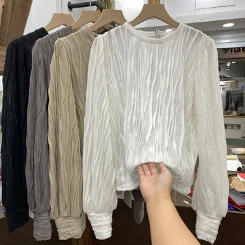 Дамски плиссированная модни однотонная риза с кръгло деколте, дамски колекция от 2023 година, пролетта и есента нов свободен модерен темпераментна топ с хеджированием