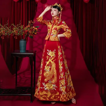 Размер 6XL Източното жена в сватбена рокля с бродерия Ципао в традиционен китайски стил, Vestidos, винтажное азиатски булчинската рокля на булката, Рокли