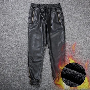 Зимни мъжки есенни топли флисовые мотобрюки с цип, тесни байкерские панталони от изкуствена кожа черен на цвят, плюс кадифе изолирана панталон-молив