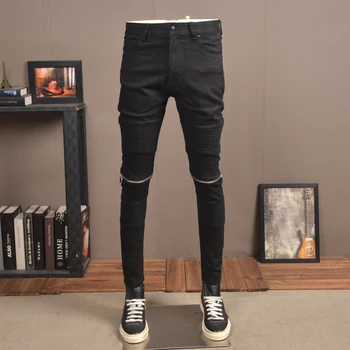 Модерен мъжки улични тесни дънки, черни ластични панталони байкерские дънки с ципове, дизайнерски хип-хоп стрейчевые дънкови панталони-молив в стил пънк