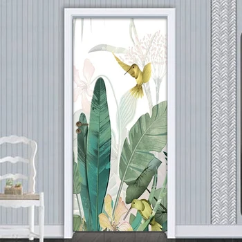 Бананов лист, цвете, птица, стикера на вратата, стенни картини, водоустойчиви тапети за хола, вратата на спалня, декориране на дома, фотообои