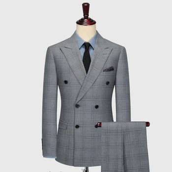 Комплект двубортных мъжки костюми от 100% вълна, сако + панталон, сива клетка, оборудвана стил за съвременния делови човек, ежедневни дрехи, дрехи големи размери 58