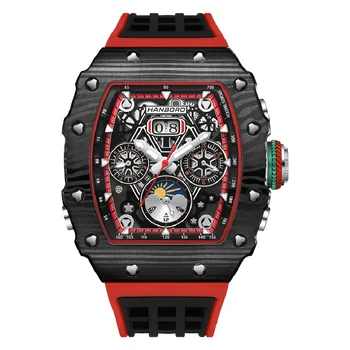 HANBORO Мъжки автоматичен часовник, луксозни механични ръчни часовници Tonneau, 50 м, водоустойчив, светещи рамки, bezel от въглеродни влакна / стомана