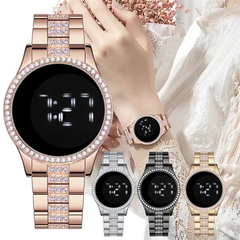 Дамски часовник с класически прости цифрови кварцови часовници ръчни часовници за момичета от неръждаема стомана с led задно осветяване Водоустойчив гривна
