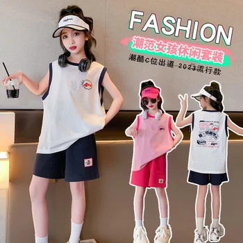 Летни дрехи за момичета, костюм, модерни всекидневни комплект от 2 теми, безплатна доставка, тийнейджърка от 4 до 16 години, новост 2023 г., детски дрехи в корейски стил
