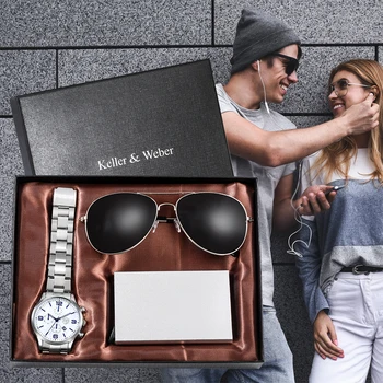 Минималистичные мъжки часовници, сребърни кварцов часовник, бизнес, мода, калъф за кредитни карти, слънчеви очила, подарък за човек, луксозни подаръци