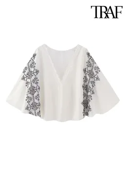 ТРАФИКА на Дамски модни контрастни блуза с бродерия, реколта дамски ризи с V-образно деколте и ръкав три четвърти, блузы, шик върховете
