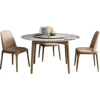 Мебели за трапезария, голяма кръгла маса от луксозна дървена стомана, на централната маса, комбинация от семейна маса за хранене и столове