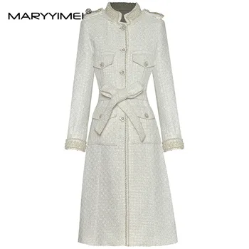 MARYYIMEI, модерно подиумное есенно-зимния дълга козина, женски однобортное свободно твидовое палто с дълъг ръкав и колан, връхни дрехи