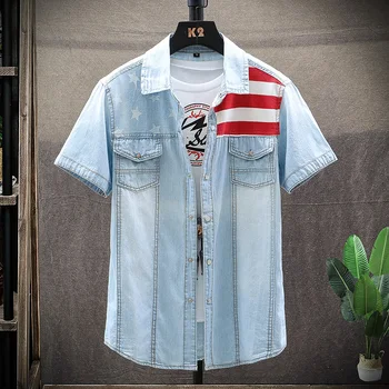 Новата реколта мъжки модни дънки тениска с американския флаг, светло син деним риза с къс ръкав, безплатна доставка, отлично качество