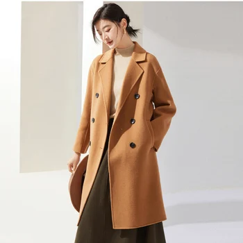 Ново твидовое палто от 100% вълна, двустранно дамско палто 2022, есенно-зимна свободна удобна двубортная яке със средна дължина, топ