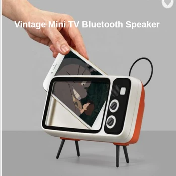 Креативен подарък Tiktok Авто настолен компютър с 4,7-6,7 инчов притежател на телефон, мини говорител, ретро-малък телевизор, притежателите на безжични високоговорители Bluetooth