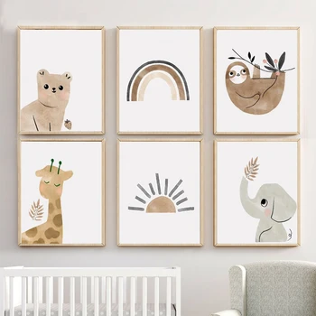 Плакати и щампи с изображение на слънце, мечка, жираф, слон, анимационни животни, щампи върху платното за украса на детска стая, картини