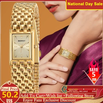 Дамски златен часовник BERNY Луксозни дамски ръчен часовник водоустойчив златни дамски часовник кварцов механизъм от неръждаема стомана модерен дамски часовник