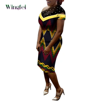 Африкански рокли за жени с деколте лодка, мрежест Vestido халат, африканските мозайка дашики, женствена рокля, украса, перли, Wy9204